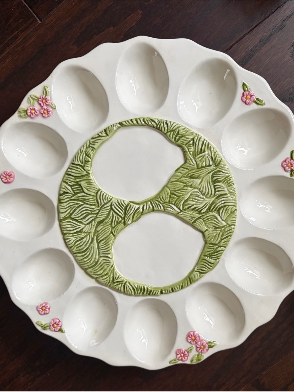 Ceramic Egg Serving Platter in White with Green Center and Pink Floral Accents